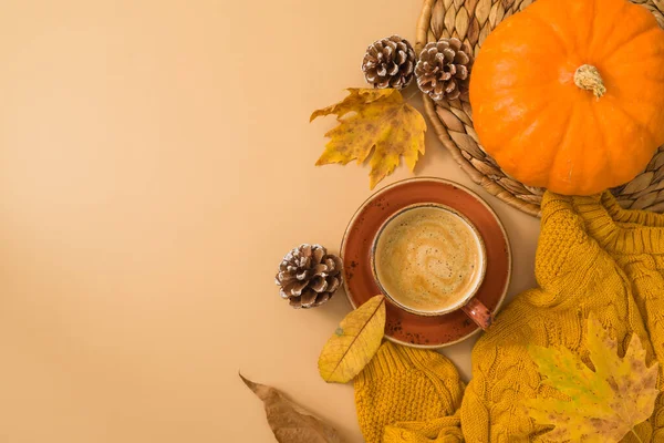 Autumn Season Concept Coffee Cup Warm Sweater Fall Leaves Pumpkin — Stock Photo, Image