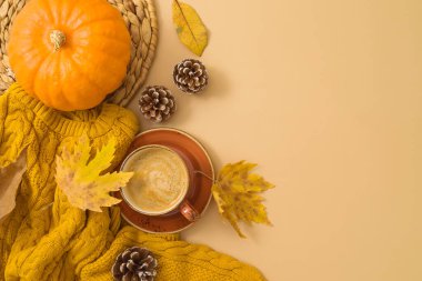 Sonbahar sezonu konsepti kahve fincanı, sıcak süveter, düşme yaprakları ve bej arka planda balkabağı. Üst manzara, düz uzanma