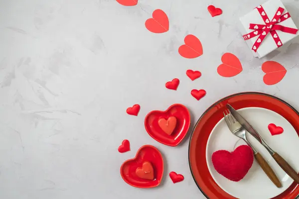 Saint Valentin Concept Dîner Romantique Assiette Couverts Forme Coeur Coffret — Photo