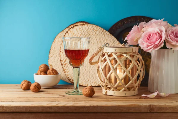 Jewish Holiday Passover Concept Wine Glass Matzah Flowers Wooden Table — Stock Photo, Image
