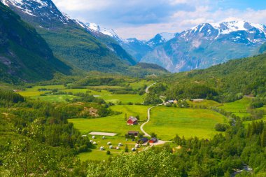 Dağları, gökyüzünü ve yeşil çayırı olan güzel Norveç hava manzarası