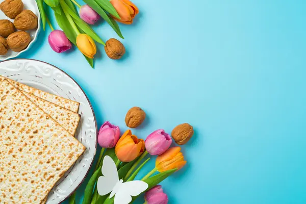 Jewish Holiday Passover Concept Matzah Spring Tulip Flowers Blue Background — Stock Photo, Image