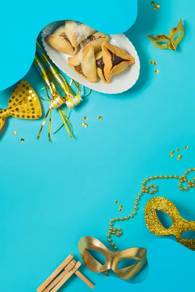 Jewish Holiday Purim Vertical Border Background Carnival Mask Hamantaschen Cookies — Stock Photo, Image