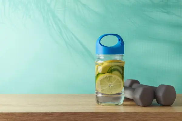 Sommer Fitness Hintergrund Mit Wasserflasche Und Hanteln Auf Holztisch Über Stockbild