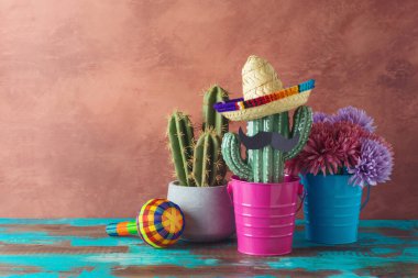 Meksika partisi konsepti kaktüs ve ahşap mavi şapkalı duvar arkası. Cinco de Mayo bayram kutlaması