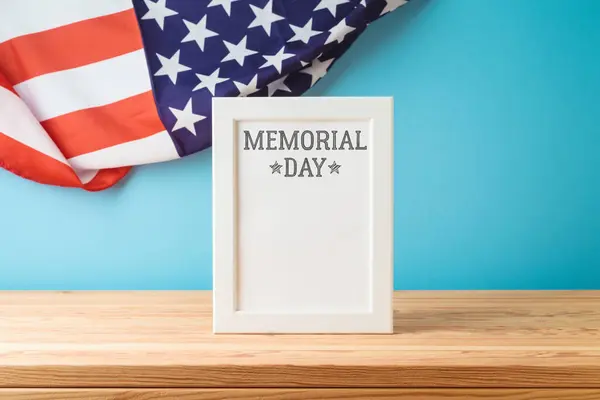 Memorial Day Concept American Flag Frame Mock Wooden Table Blue Royalty Free Stock Images