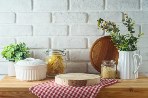 Empty Wooden Log Kitchen Table Food Jars Plants White Brick Royalty Free Stock Photos