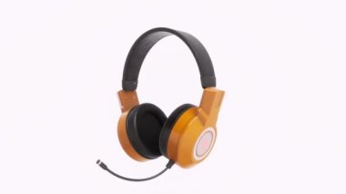 Beyaz arka planda izole turuncu kulaklıklar, 3D temsil, 4K, 60 fps, kulaklık animasyonu kendi ekseni etrafında dönüyor, döngü, müzik metaforu, müzik dinlemek.