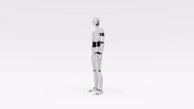 Beyaz zemin üzerinde izole edilmiş beyaz bir robot. Bu da yapay zekayı, 3 boyutlu temsili, sayborgu, androidi temsil ediyor.