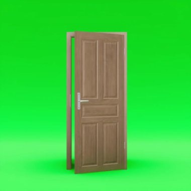 Tahta kapı açılışı Chroma Key, 3D temsil, 4K, fırsat kavramı, yeni fırsatlar için metafor.