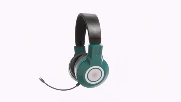 绿色耳机或Aguamarina隔离在白色背景 3D表示 Fps 耳机动画打开它的轴 音乐隐喻 听音乐 — 图库视频影像