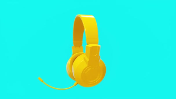 Κίτρινα Ακουστικά Απομονωμένα Μπλε Φόντο Αναπαράσταση Fps Ακουστικά Animation Στροφή — Αρχείο Βίντεο