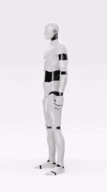 Beyaz zemin üzerinde izole edilmiş beyaz bir robot. Bu da yapay zekayı temsil ediyor. 3 boyutlu temsil, dikey format, sayborg, android.