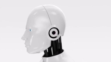 İnsansı robot kafası döngü içinde dönüyor, beyaz arka planda yalıtılmış beyaz, yapay zekayı temsil eden, 3D temsil eden, sayborg, android