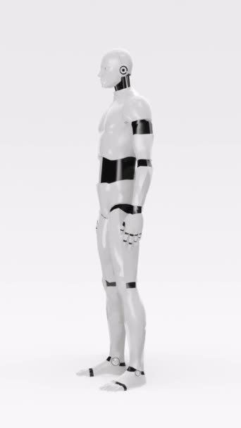 Полнотелый Гуманоидный Робот Вращающийся Петле Изолированный Белый Белом Фоне Который — стоковое видео