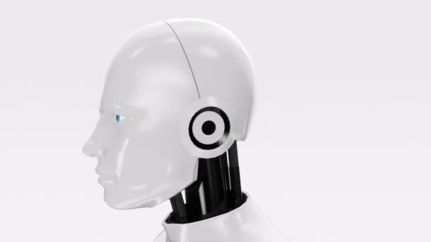 Robot Manusia Kepala Berputar Dalam Lingkaran Putih Terisolasi Pada Latar — Stok Video