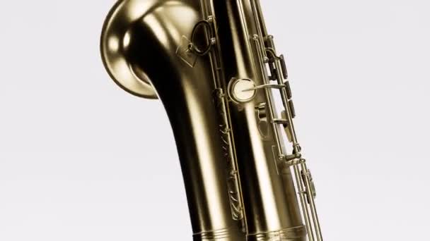 Detalle Saxofón Girando Bucle Aislado Fondo Blanco Concepto Música Ambiente — Vídeo de stock