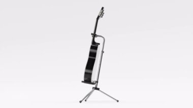 Siyah renkli gitar, beyaz arka plan, müzik konsepti, 4K 'de 60fps video, eksenini, animasyonunu ve 3D illüstrasyonunu açıyor, orkestra için müzik aleti.