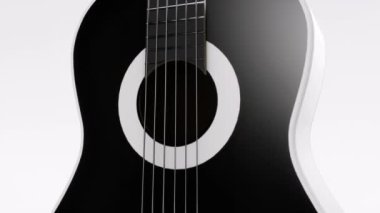Siyah renkli gitar, beyaz arka plan, müzik konsepti, 4K 'de 60fps video, eksenini, animasyonunu ve 3D illüstrasyonunu açıyor, orkestra için müzik aleti.
