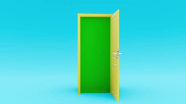 Sarı kapılar açık mavi arkaplan, izole edilmiş, 4k, 60fps, fırsat konsepti, yeni fırsatlar için metafor, 3d illüstrasyon
