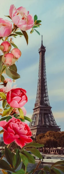 Pink peonies and Paris. 3D illustration. Imitation of oil painting.