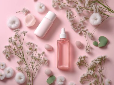 Yumuşak pastel kozmetik ürünleri ve aksesuarlar hafif bir yüzeyde çiçeklerle sanatsal olarak düzenlenir.