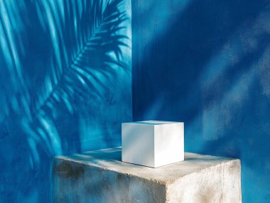 Beyaz bir küp, mavi alçıda, canlı palmiye gölgelerinin altında, taş bir kaidede oturur..