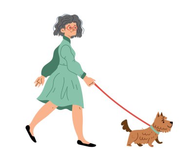 Köpeği olan bir kadın. Açık hava aktivitesi konsepti. Vektör illüstrasyonu. 