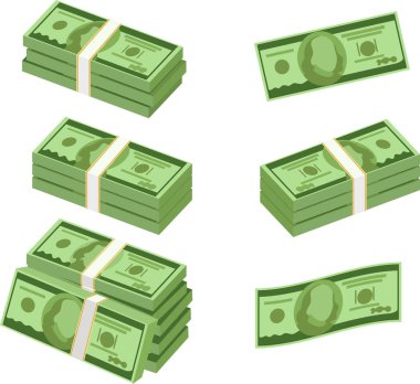 Karikatür 3D tarzında bir sürü para. Bir dizi farklı dolar destesi. Isometric yeşil dolar, kâr, yatırım ve tasarruf konsepti. Vektör. Vektör illüstrasyonu