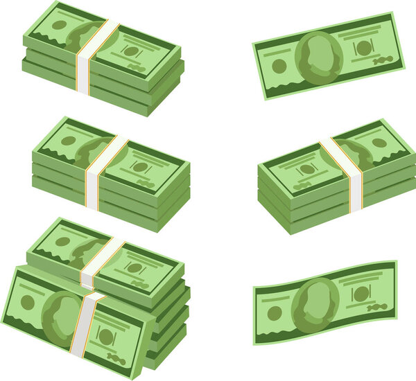 Bunches of money in cartoon 3d style. Set of different packs of dollar bills. Isometric green dollars, profit, investment and savings concept. Vector. Vector illustration