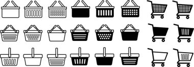 Satış arabası, sepet, torba ikonu, satış sembolü. Dolu ve boş bir alışveriş arabası. Vektör illüstrasyonu