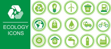 Ekoloji ikonu hazır. Çevre, sürdürülebilirlik, doğa, geri dönüşüm, yenilenebilir enerji, elektrikli bisiklet. Vektör illüstrasyonu