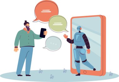 Yapay zeka sohbet servisinde çalışan birinin çizimi. Vektör illüstrasyonu