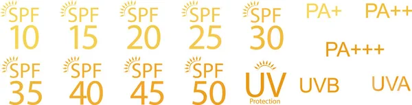 Set Semplici Icone Protezione Solare Spf Piatte Imballaggio Della Protezione — Vettoriale Stock