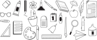 Okul unsurları hazır. Elle çizilmiş vektör düz illüstrasyon. Renksiz siyah çizgiler. Okula dönelim. Vektör illüstrasyonu