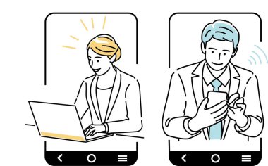 İnternette gezinen bir iş adamının görüntüsü. Vektör illüstrasyonu