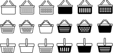 Alışveriş sepeti ikonu işareti, set tezgahı, sepet, torba ikonu, satın alma ve satış sembolü. Vektör illüstrasyonu