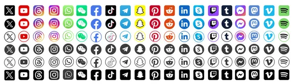 Sosyal medya simgeleri. Facebook, Instagram, Twitter, X, Youtube, Pinterest, Behance, Google, Skype, Viber. Vektör illüstrasyonu