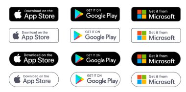 Google Play Store, Apple App Store ve Microsoft Store rozetleri. Vektör düğmeleri. - Evet. Vektör illüstrasyonu