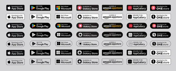 Zestaw Identyfikatorów Google Play Store Apple App Store Microsoft Store — Wektor stockowy