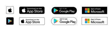 Google Play Store, Apple App Store ve Microsoft Store rozetleri. Vektör düğmeleri. - Evet. Vektör illüstrasyonu