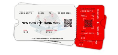 Yolcu isimli gerçekçi uçak biletleri tasarımı. İki bilet yırtılmış. Vektör illüstrasyonu