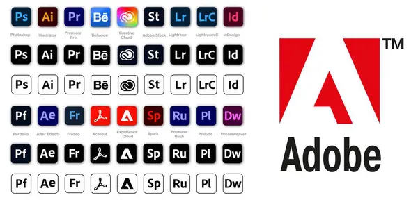 Evlat edinme ürünü. Adobe ürünlerinin logot seti. 10 EPS. Vinnitsa, Ukrayna - 22 Ocak 2024. Vektör illüstrasyonu