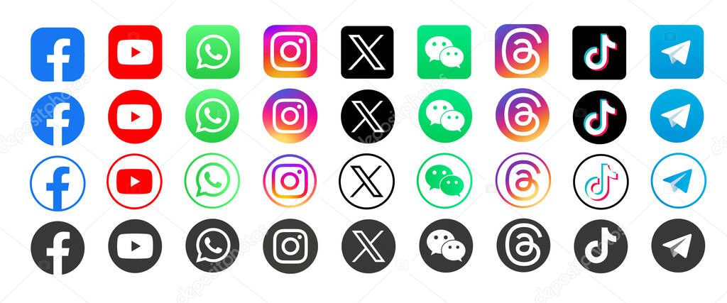 Facebook X twitter instagram youtube snapchat pinterest whatsapp linkedin tiktok. Vector illustration