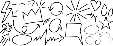 Kalem kalemi karalama elementleri, taç, vurgu oku, konuşma balonu, karalama. Vektör illüstrasyonu