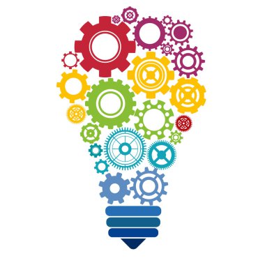 Renkli dişli dişli ampul ikonu. Yaratıcı fikir sembolü. İş ve finans kavramı. Vektör çizimi düz tasarım. Vektör illüstrasyonu