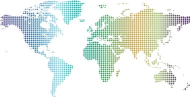 Beyaz arka planda dünyanın farklı renklerde noktalarının haritası. Vektör illüstrasyonu