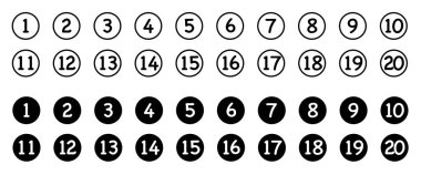 Bullet Point simgesi iç hat biçimi, düz yuvarlak sayılar, uygulamalar için basit 1-15 sayı kümesi siyah simge işareti. Vektör illüstrasyonu