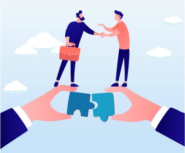 Ortaklık, takım çalışması, ya da başarı için işbirliği, yapbozu birlikte çözmek, anlaşmak ya da ortak güveni kazanmak için çözüm bulmak, işbirliği konsepti. Vektör