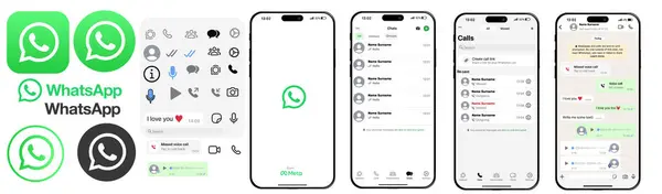 WhatsApp modeli. WhatsApp sosyal medyayı ve sosyal ağ arayüzü şablonunu IPhone 'da görüntüler. Vektör İllüstrasyonu